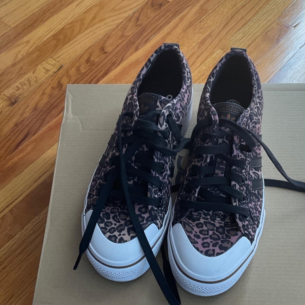 Adidas Women's Black and Pink Leopard Sneakers